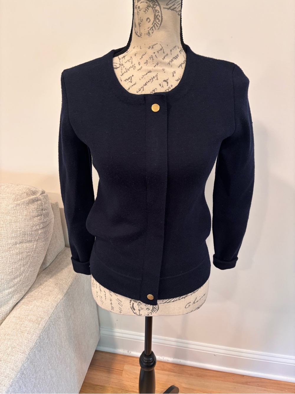 J.Crew collarless navy knit jacket style cardigan with gold buttons size XXS
